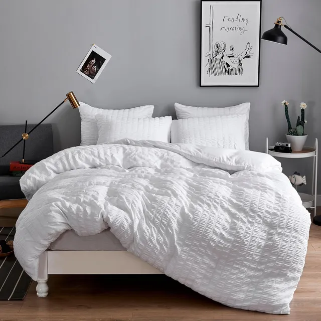 Freyamy Housse de Couette 140x200 Seersucker Blanc Uni Ado Parure de lit