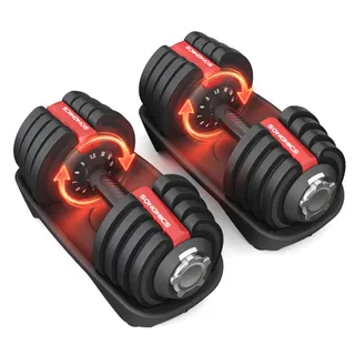 SONGMICS Lot de 2 Haltères Réglables 12 en 1, Kit de Poids 1,5 à 18 kg, Gain de Place, Poignée Antidérapante, Plateaux de Rangement, Fitness et Musculation à domicile, Noir et Rouge SYL536R101