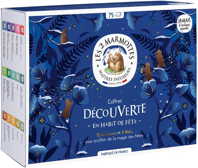 Les 2 Marmottes Coffret de Noël Découverte 75 Sachets 12 Tisanes 3 Thés