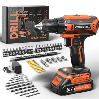 VIWKO Perceuse Visseuse Sans Fil, 20V Visseuse Devisseuse Sans Fil, 25+1 Réglages de Couple, Perceuse-visseuse Max 42Nm Visseuse, LED, jeu de 56 Accessoires pour l'Entretien et le Bricolage, Orange
