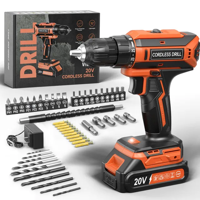 VIWKO Perceuse Visseuse Sans Fil, 20V Visseuse Devisseuse Sans Fil, 25+1 Réglages de Couple, Perceuse-visseuse Max 42Nm Visseuse, LED, jeu de 56 Accessoires pour l'Entretien et le Bricolage, Orange