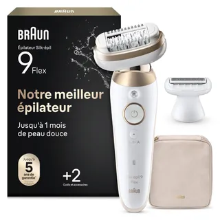 Braun Epilateur Electrique Femme Silk Epil 9, 9-041 3D, Blanc et Or – Etanche, sans Fil, Tête Flexible à 360°, Coffret Epilation avec Embout de Rasage, Sabot Tondeuse, Accessoire de Précision