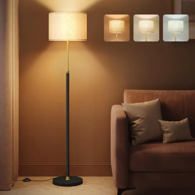 VASAGLE Lampadaire, Lampe sur Pied, Hauteur Réglable de 140 à 170 cm, Style Moderne, Interrupteur à Pied, Abat-Jour en Tissu, Douille E27, Doré et Noir LFL002B02