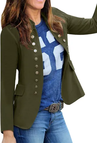 Roskiky Veste solide décontractée pour femme, costume ouvert sur le devant, col montant boutons, blazer de travail