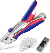 WORKPRO Cutter Professionnel en Alliage de Zinc avec Mécanisme de Changement Rapide, 4 Positions Réglables, Lames Trapèzes Réservées dans Poignée, 15 Lames en SK5 Incluses