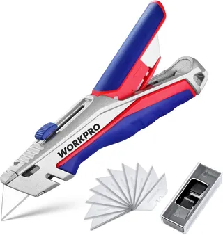 WORKPRO Cutter Professionnel en Alliage de Zinc avec Mécanisme de Changement Rapide, 4 Positions Réglables, Lames Trapèzes Réservées dans Poignée, 15 Lames en SK5 Incluses