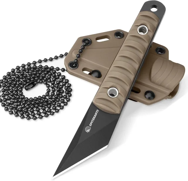 Neck Knife, mini couteau avec lame de 5,6 cm en acier 5Cr14MoV, couteau de cou tipo tanto, EDC extérieur, avec fourreau ABS et chaîne à bille, tout noir