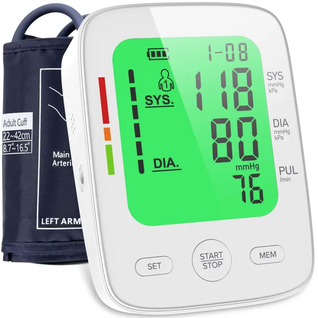 Viproud BP 120 Tensiomètre Bras Médical, Validé Clinique, pour Usage Maison, Grand Écran 3 Couleurs (9cm*12cm), Brassard Ajustable (22-42cm), 2 * 99 Enregistrements de Mémoire, Fréquence Cardiaque