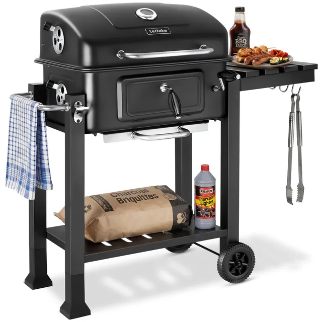 tectake® Barbecue au Charbon de bois 110x64x104 cm, Bac à charbon réglable en hauteur, Tiroir à cendres, 4 Volets d'aération, Thermomètre, 2 roues, Grilles, Tablette latérale rabattable, 3 crochets