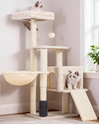 Heybly Arbre à Chat, Brosse de Nettoyage Automatique, Arbre à Chat Domestique Robuste avec Peluche Polie, Chaise Longue, Bac à Litière avec Panneaux et Griffoir, Beige HCT005SM