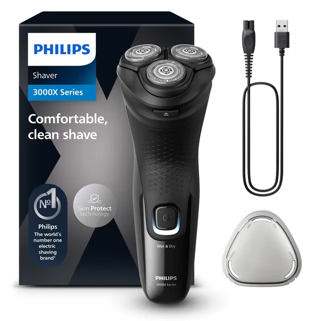 Philips Electric Shaver Series 3000x -rasoir électrique Wet & Dry ,couleur Bleu celeste, avec technologie SkinProtect, tondeuse rétractable, rasoir ergonomique pour hommes -inclus rasoir nasal
