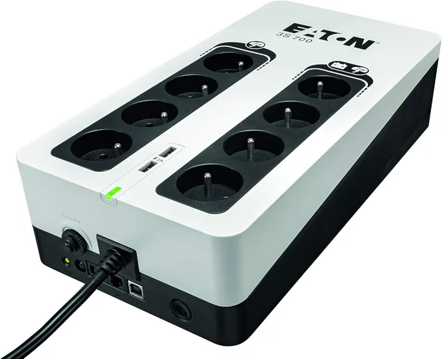 Eaton Onduleur Parafoudre 3S 700 FR - Off-Line UPS - Alimentation sans Interruption - Puissance 700VA (8 Prises FR, Silencieux, 2 Ports de Charge USB Type-A) - Interface USB - Noir&Blanc (3S700F)