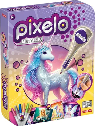 Lansay – Pixelo Metallic Creations | Metallic Drawing Kit with Electronic Pixelo | 8 Magic Illustrations + 6 Metallic Felt-Tip Pens | Creative Artistic Activity for Children | Ages 6 and Above