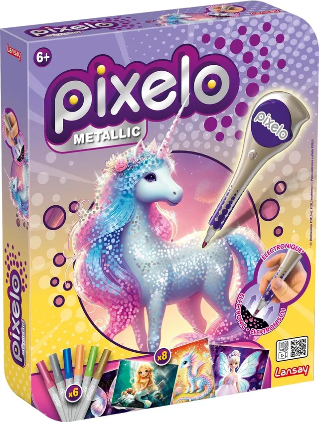 Lansay – Pixelo Metallic Creations | Metallic Drawing Kit with Electronic Pixelo | 8 Magic Illustrations + 6 Metallic Felt-Tip Pens | Creative Artistic Activity for Children | Ages 6 and Above