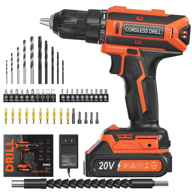 VIWKO Perceuse Visseuse Sans Fil, 20V Visseuse Devisseuse Sans Fil, 25+1 Réglages de Couple, Perceuse-visseuse Max 42Nm Visseuse, LED, jeu de 56 Accessoires pour l'Entretien et le Bricolage, Orange