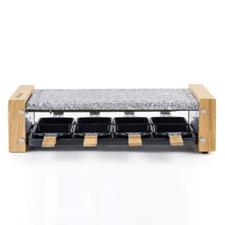 H.Koenig Appareil à raclette Multifonction 8 personnes WOD8 Design en bois naturel, Pierre granit amovible, Raclette fromage fondue professionnel, 8 poêlons antiadhésifs, 8 spatules en bois