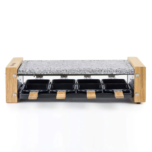 H.Koenig Appareil à raclette Multifonction 8 personnes WOD8 Design en bois naturel, Pierre granit amovible, Raclette fromage fondue professionnel, 8 poêlons antiadhésifs, 8 spatules en bois