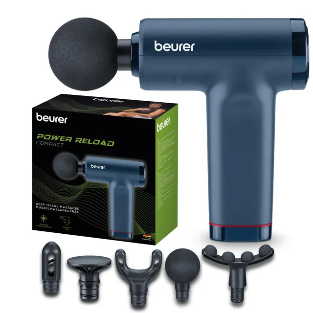 Beurer PowerReload Pistolet de massage, massage des points de déclenchement pour régénération, appareil de massage musculaire puissant avec 5 embouts, 5 niveaux d’intensité, extrêmement silencieux