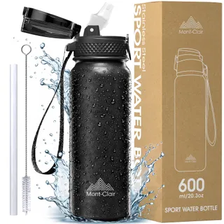 Mont-Clair Gourde isotherme - Gourde Sport 600ML - Bouteille isotherme sans BPA -, 24h froid & 12h chaud - Bouteille d'eau en acier pour le Sport, Gym, Fitness, Randonnée et Camping - Noir