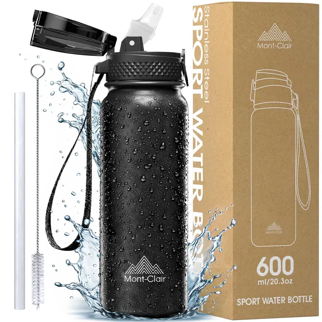 Mont-Clair Gourde isotherme - Gourde Sport 600ML - Bouteille isotherme sans BPA -, 24h froid & 12h chaud - Bouteille d'eau en acier pour le Sport, Gym, Fitness, Randonnée et Camping - Noir