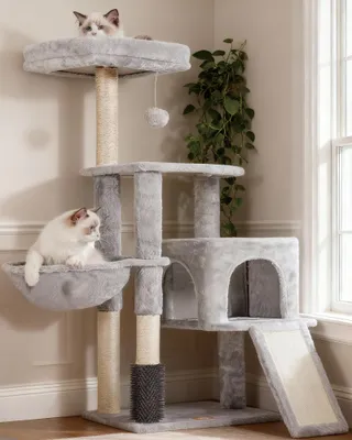 Heybly Arbre à Chat, Brosse de Nettoyage Automatique, Arbre à Chat Domestique Robuste avec Peluche Polie, Chaise Longue, Bac à Litière avec Panneaux et Griffoir, Gris Clair HCT005SW