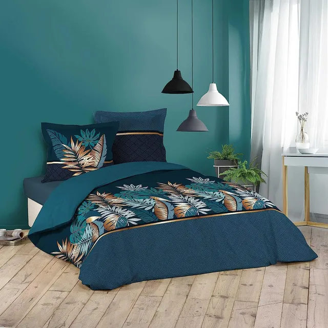 Douceur d'Intérieur, Parure de Lit 3 Pièces (240 x 220 cm) Alianor Bleu, 100% Coton