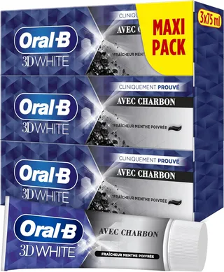 Oral-B Dentifrice Charbon 3D White Pour Effet Blancheur Dès Le Premier Brossage Des Dents, Pack De 3 x 75ml