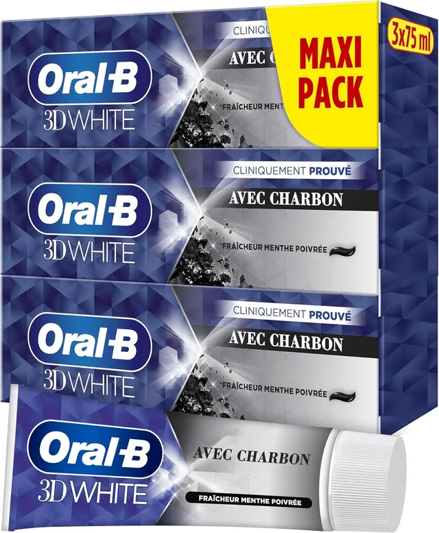 Oral-B Dentifrice Charbon 3D White Pour Effet Blancheur Dès Le Premier Brossage Des Dents, Pack De 3 x 75ml