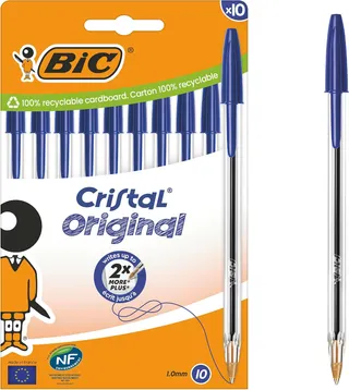 BIC Cristal Original Stylos-Bille Pointe Moyenne (1,0 mm) - Parfait pour l'Ecole et au Bureau - Bleu, Boîte carton de 10