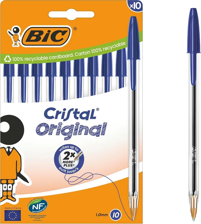 BIC Cristal Original Stylos-Bille Pointe Moyenne (1,0 mm) - Parfait pour l'Ecole et au Bureau - Bleu, Boîte carton de 10
