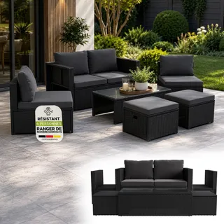 Juskys Salon de Jardin Salou en polyrotin - Espace Lounge d'extérieur résistant aux intempéries pour 6 Personnes - Coin Salon avec Table & Coussins - pour Jardin, Balcon, terrasse - Noir