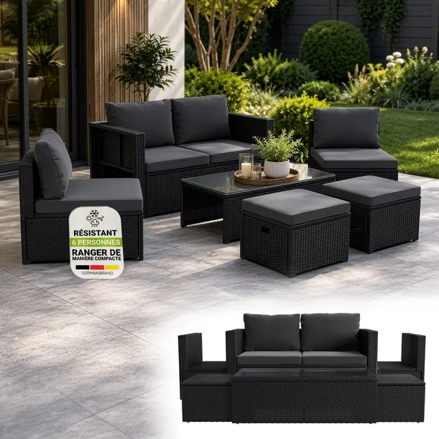 Juskys Salon de Jardin Salou en polyrotin - Espace Lounge d'extérieur résistant aux intempéries pour 6 Personnes - Coin Salon avec Table & Coussins - pour Jardin, Balcon, terrasse - Noir