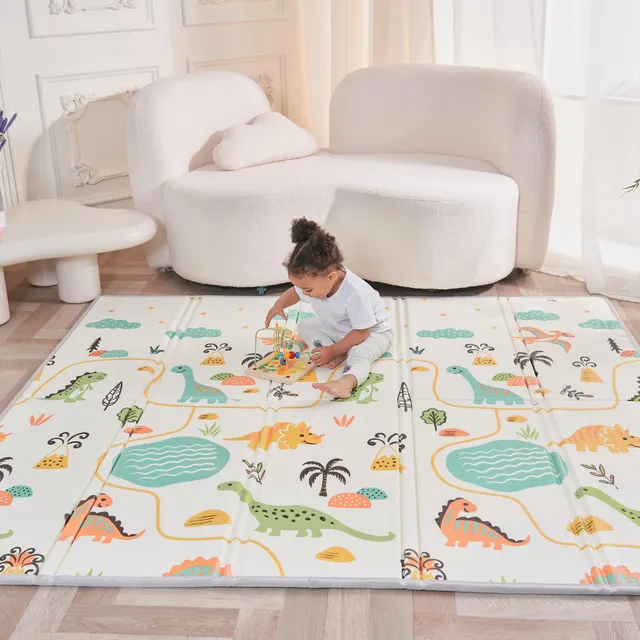 SUPERBE BEBE Tapis D'éveil Bébé Enfant Pliable Epais Réversible 150x180x1cm XXL - Tapis De Jeu De Sol et De Motricité En Mousse Favorisant Le Développement Sensoriel - Cadeau Naissance DINO