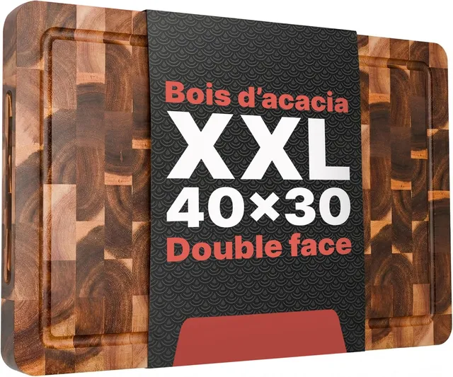 Matakumi Planche à Découper Bois - Planche de Cuisine en Bois d’Acacia avec Poignées Latérales, Rigole à Jus et Bois de Bout pour Préserver les Lames de Couteaux - Double Face (40 x 30 x 3 cm)