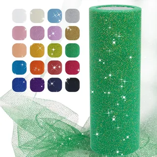 Uiopa Tulle Vert Herbe, 15cm x 22,8m Rouleau de Tulle Pailleté en Polyester Maille Tissu pour Tutu Jupe, Deco Mariage/Fête, Deco Chaise Mariage, Noeud Cadeau, Artisanat DIY