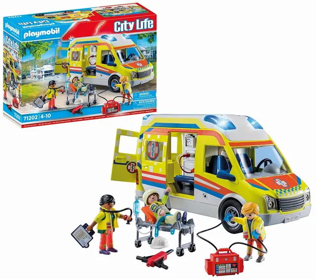 Playmobil 71202 Ambulance avec Effets Lumineux et sonore - City Life - Les Secours - avec Trois Personnages, Un Brancard à Roulette et des équipements de Secours - Ville & Métiers - Dès 4 Ans