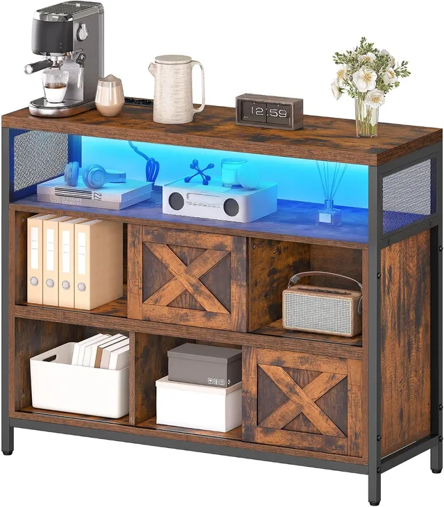 YITAHOME Buffet avec Prises, 2 USB et 2 AC, Armoire de Cuisine avec LED, Armoire de Rangement avec 2 Portes coulissantes, pour Salon, Cuisine, Couloir, 100 x 35 x 80 cm, Marron Rustique et Noir