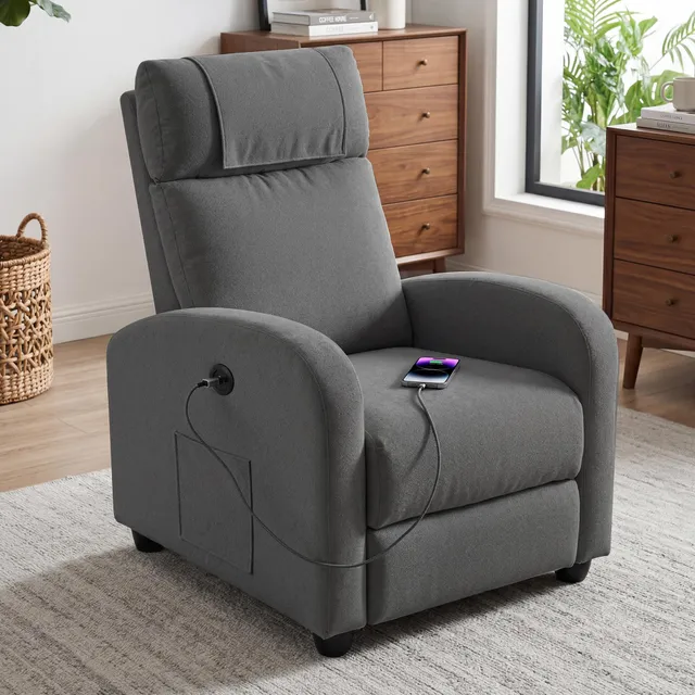BonVache Fauteuil de relaxation, fauteuil TV, fauteuil de loisirs avec ports de charge USB et de type C, dossier réglable et repose-pieds, fauteuil individuel pour salon, chambre à coucher, bureau