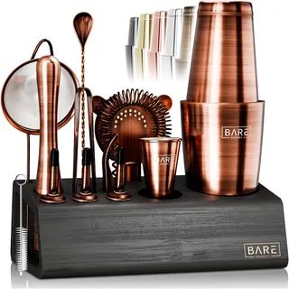 BARE BARREL® Mixology Kit de bar pour barman | Ensemble shaker à cocktail 14 pièces | Outils de mélange pour barman à domicile | Comprend 35 cartes de recettes | Coffret cadeau (shaker Boston de 793,8