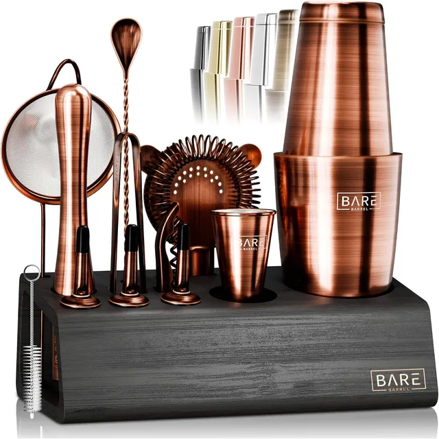 BARE BARREL® Mixology Kit de bar pour barman | Ensemble shaker à cocktail 14 pièces | Outils de mélange pour barman à domicile | Comprend 35 cartes de recettes | Coffret cadeau (shaker Boston de 793,8