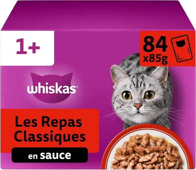 WHISKAS Aliment humide en sauce Chat adulte 84x85g Les Repas Classiques