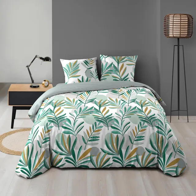 Douceur d'Intérieur, Parure de Lit 3 Pièces (240 x 220 cm) Louna Vert, Microfibre Imprimée