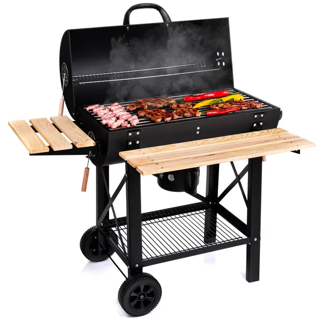 LEHMANN Barbecue Charbon de Bois avec Grille de Cuisson XL, avec Deux Étagères en Bois, Couvercle, Roulettes et Poignée non Chauffante, Barbecue à Charbon pour le Jardin, la Terrasse, le Camping