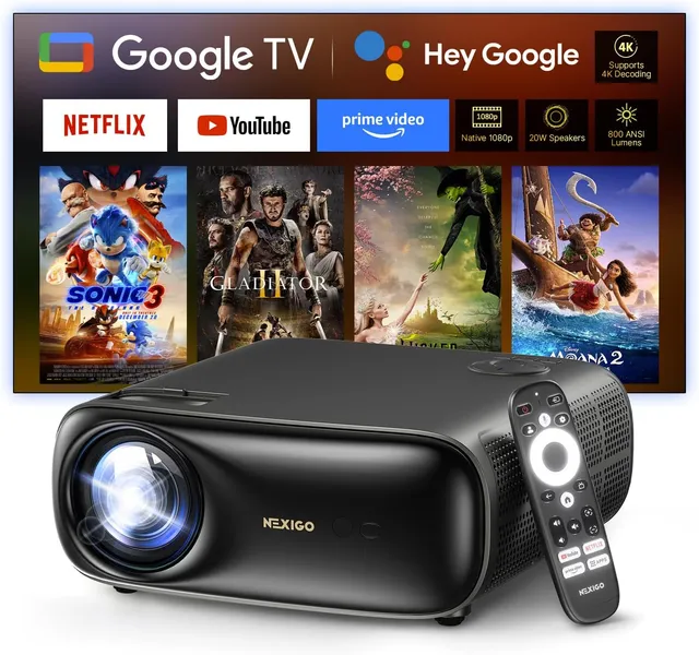 NexiGo PJ40 Pro Projecteur Google TV, 1080p natif, Prise en Charge 4K, amélioration d’Image par IA, 800 lumens ANSI, projecteur Intelligent avec Correction Automatique de trapèze, Haut-parleurs 20 W