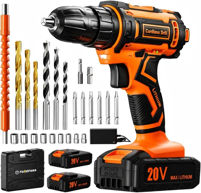 Perceuse Visseuse Sans Fil 20V, Visseuse Devisseuse Sans Fil avec 2 Batteries 2.0Ah, 42Nm, 25+1 Réglages de Couple, 2 Vitesses, LED, 24 Accessoires et Valise, pour la Bricolage