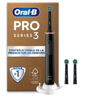 Oral-B Pro 3 Brosse À Dents Électrique Noire, Un Capteur De Pression Pour Protéger Les Gencives Sensibles, Des Accessoires, 3 Brossettes De Rechange, Douces Et Rondes, 1 Chargeur, Emballage En Carton