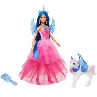 Barbie Licorne Poupée 65Ème Anniversaire Aux Cheveux Bleus Une Touche De Magie, Robe Rose, Licorne Ailée Et Autres Accessoires, Jouet Enfant, A Partir De 3 Ans, HRR16