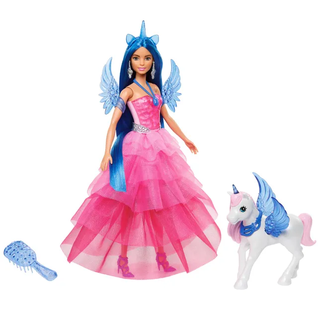 Barbie Licorne Poupée 65Ème Anniversaire Aux Cheveux Bleus Une Touche De Magie, Robe Rose, Licorne Ailée Et Autres Accessoires, Jouet Enfant, A Partir De 3 Ans, HRR16