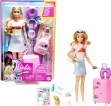 Barbie Coffret Voyage Malibu, Poupée de Voyage avec Plus de 10 Accessoires, Inclus Un Chiot, Une Valise Rose, Un Sac À Dos Et Une Feuille D'Autocollants, Jouet pour Enfant de 3 Ans et Plus, HJY18