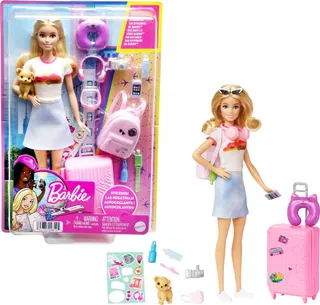 Barbie Coffret Voyage Malibu, Poupée de Voyage avec Plus de 10 Accessoires, Inclus Un Chiot, Une Valise Rose, Un Sac À Dos Et Une Feuille D'Autocollants, Jouet pour Enfant de 3 Ans et Plus, HJY18